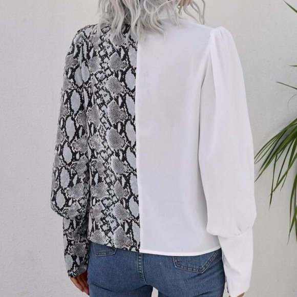 Snakeskin Print Button Through Bishop Sleeve Blous - Picture 3 of 6